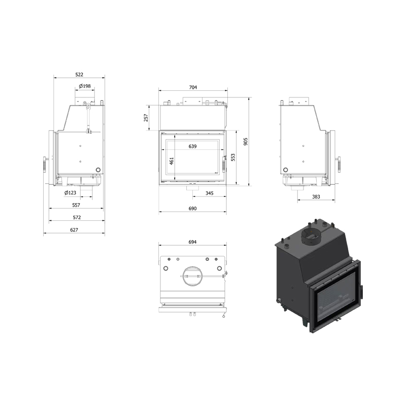 Kratki ZOSIA PW DECO Ενεργειακό Τζάκι Ξύλου Καλοριφέρ 14kW Ίσιο με Ανοιγόμενη Πόρτα Τεχνικό Σχέδιο