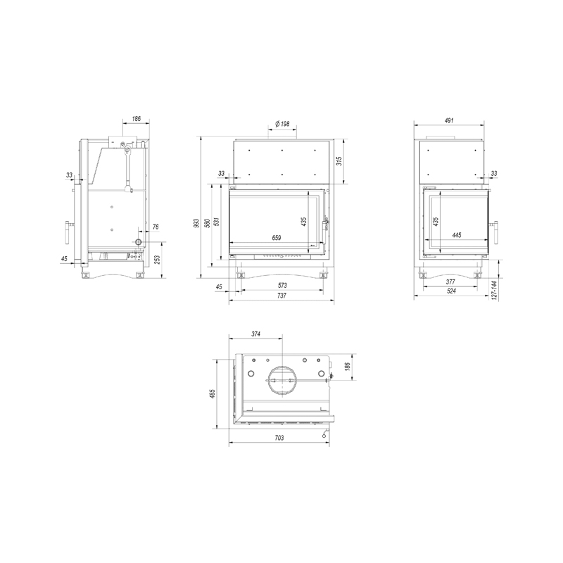 Kratki ZUZIA PW BP 15 BS W DECO Ενεργειακό Τζάκι Ξύλου Καλοριφέρ 12kW Δεξιά Γωνία με Ανοιγόμενη Πόρτα Τεχνικό Σχέδιο